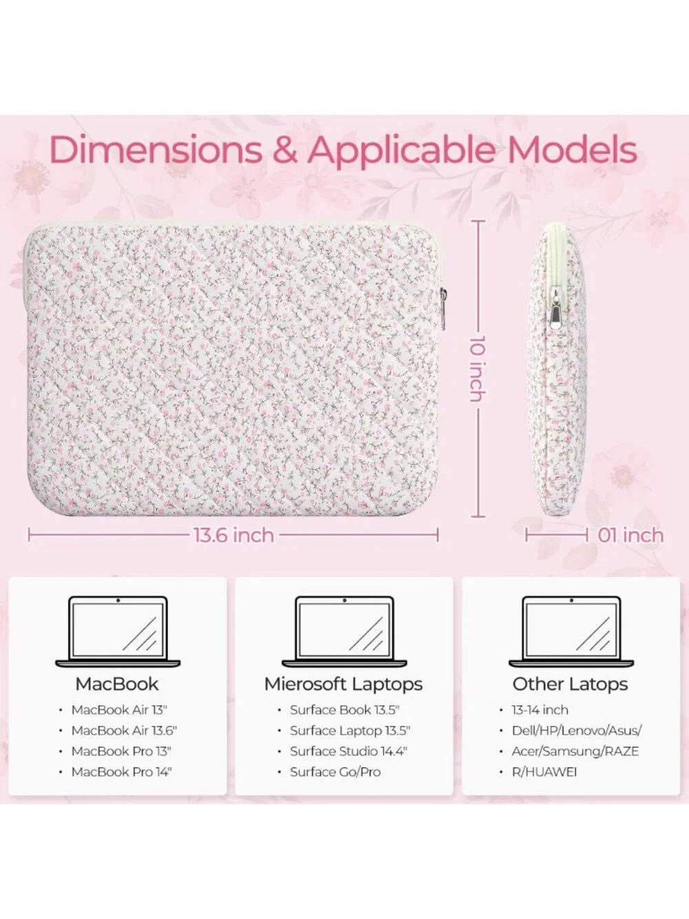 Aesthetic Pink Floral Quilted Laptop Sleeve 13-14 inch, Soft Carrying Case for